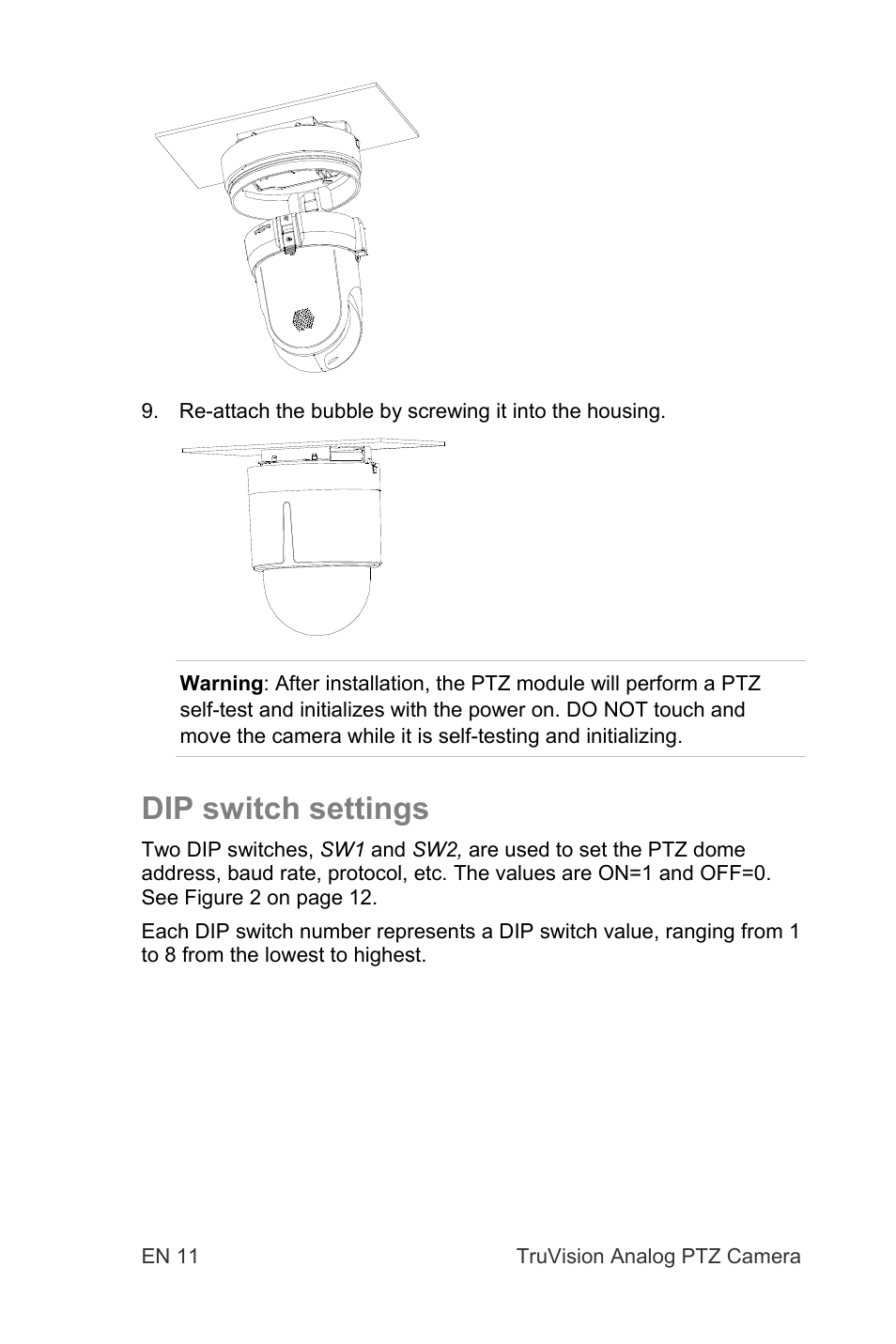 Dip switch settings | Interlogix TruVision 960H Premium Resolution Series PTZ Cameras Installation Manual User Manual | Page 11 / 16