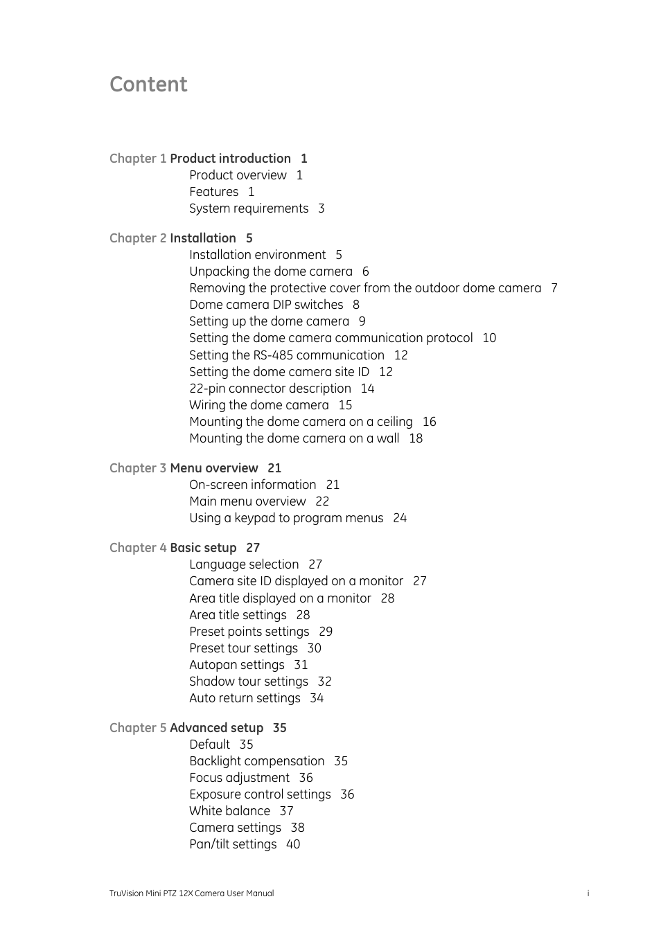 Content | Interlogix TruVision PTZ Mini 12X User Manual User Manual | Page 3 / 65