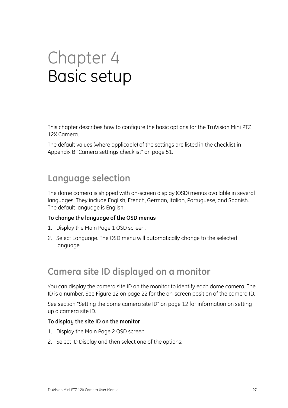 Chapter 4basic setup, Language selection, Camera site id displayed on a monitor | Language selection 27, Tor 27, Chapter 4 basic setup | Interlogix TruVision PTZ Mini 12X User Manual User Manual | Page 31 / 65