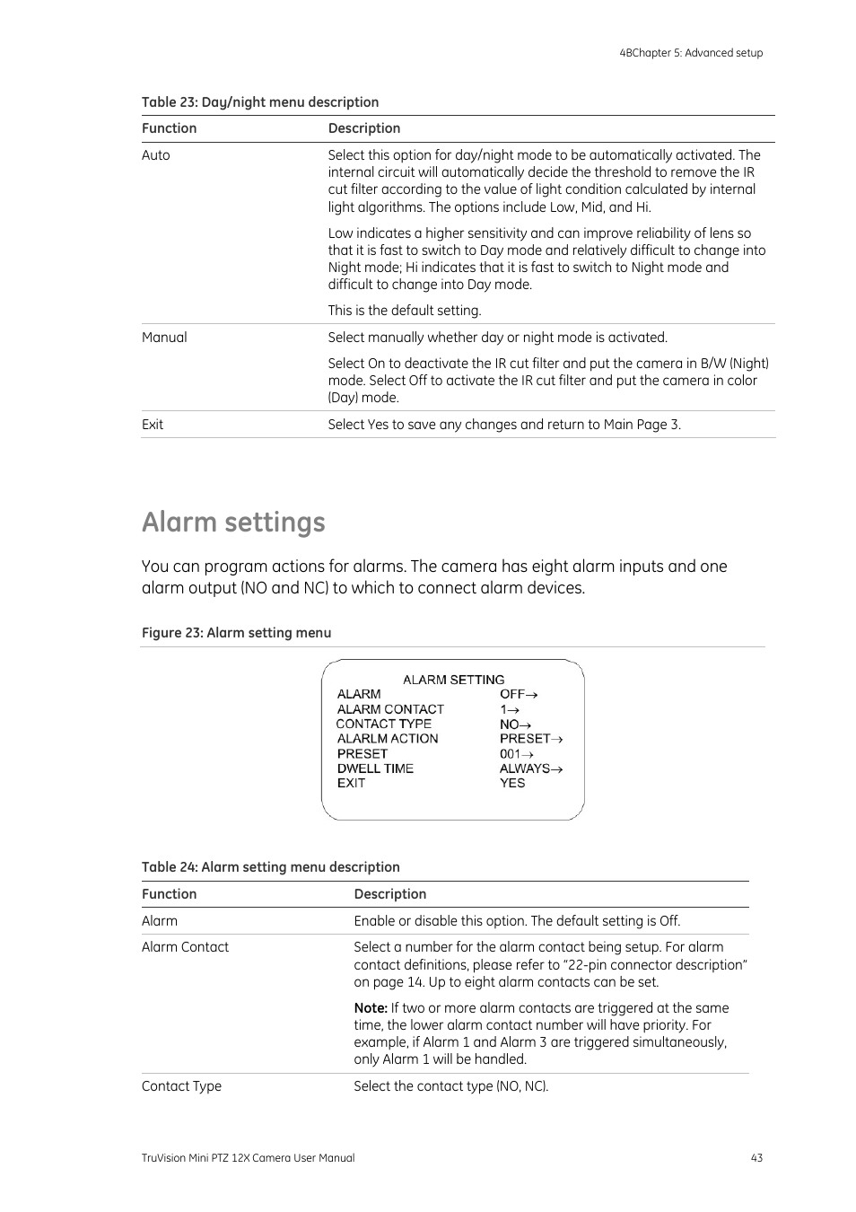 Alarm settings, S 43 | Interlogix TruVision PTZ Mini 12X User Manual User Manual | Page 47 / 65