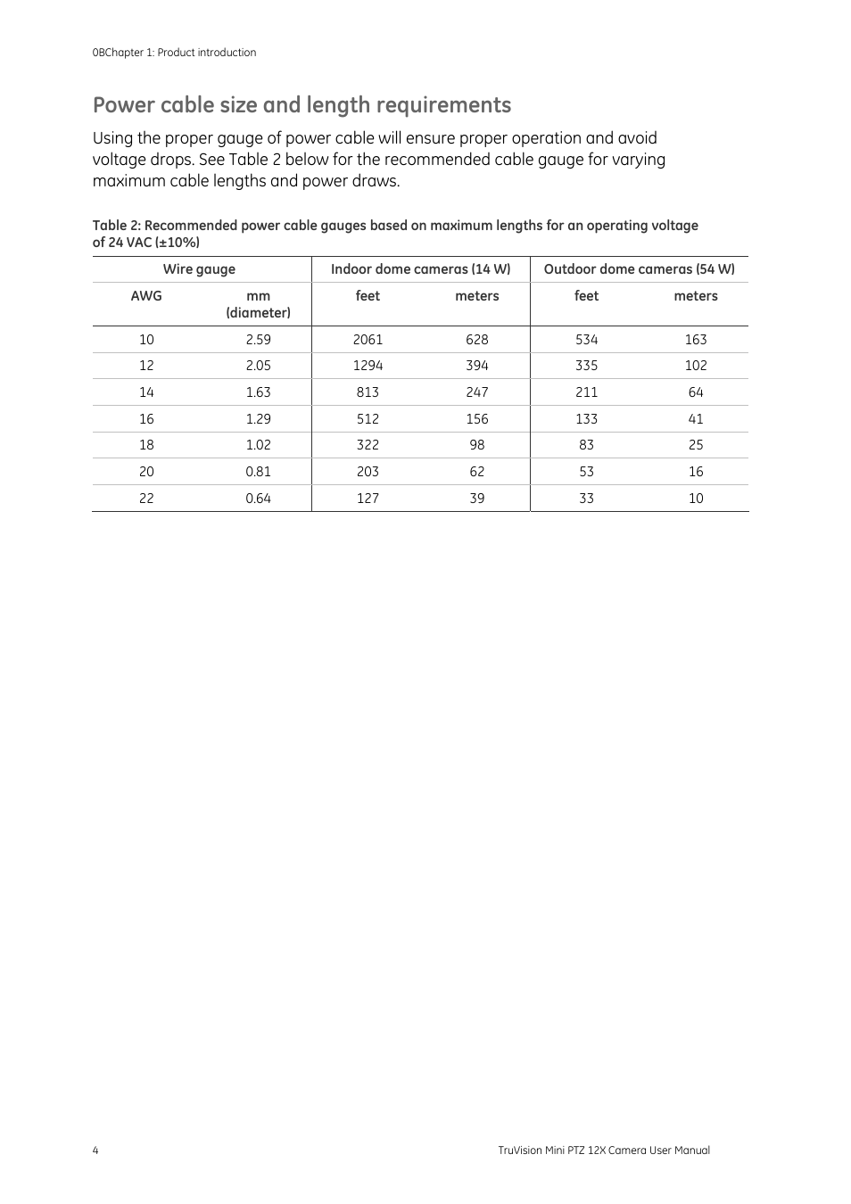 Power cable size and length requirements | Interlogix TruVision PTZ Mini 12X User Manual User Manual | Page 8 / 65