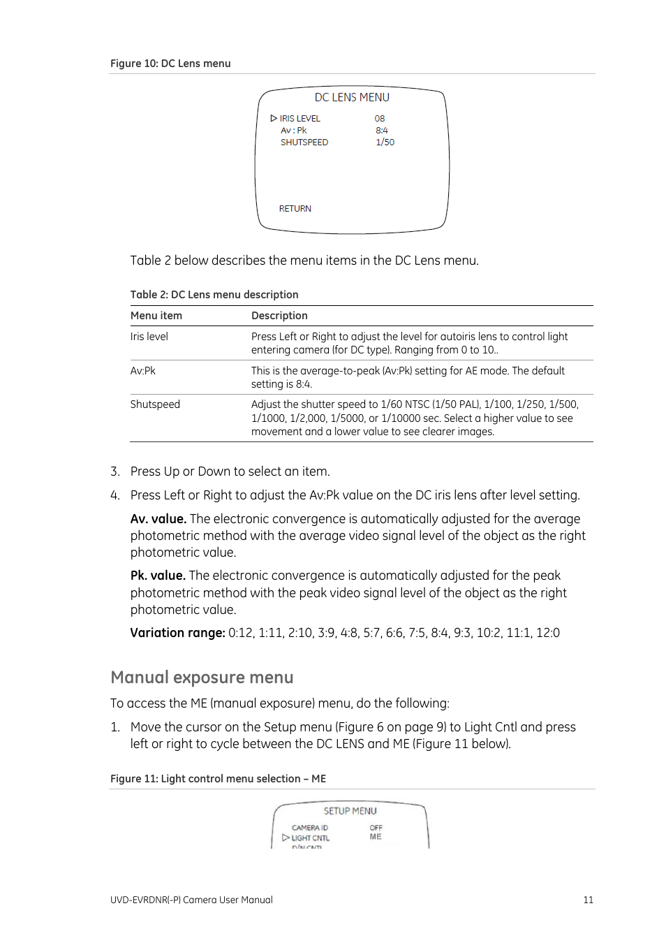Manual exposure menu, Manual exposure menu 11 | Interlogix UVD-EVRDNR User Manual | Page 13 / 20