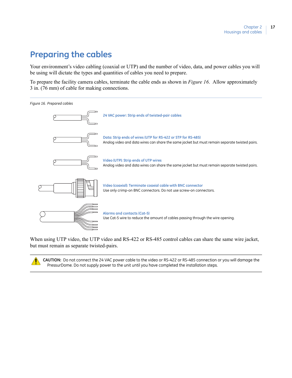 Preparing the cables, Figure 16. prepared cables | Interlogix UltraView PTZ Dome Series User Manual | Page 25 / 64