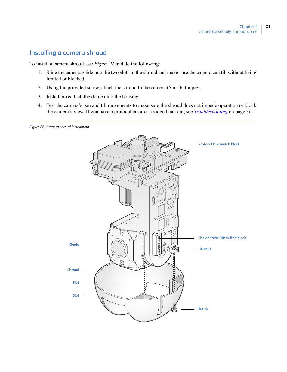 Installing a camera shroud, Figure 26. camera shroud installation | Interlogix UltraView PTZ Dome Series User Manual | Page 39 / 64