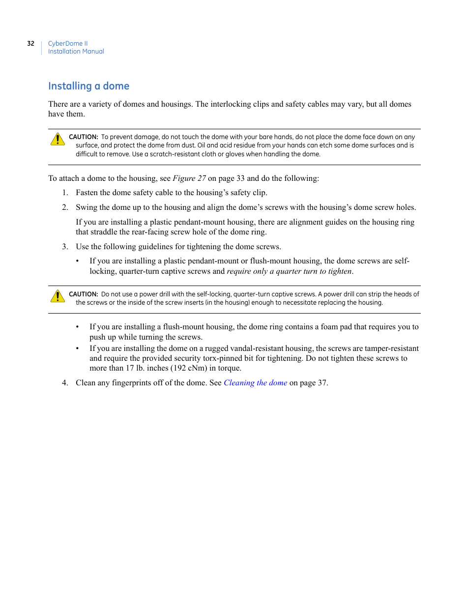 Installing a dome | Interlogix UltraView PTZ Dome Series User Manual | Page 40 / 64