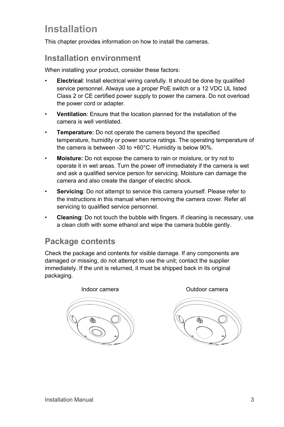 Installation, Installation environment, Package contents | Interlogix TruVision 360° Installation Manual User Manual | Page 5 / 16