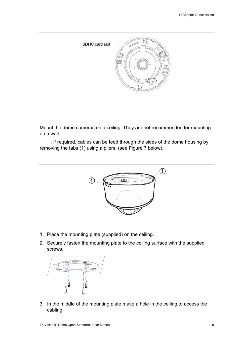 Mounting the dome cameras on a ceiling, Mounting the dome cameras on a ceiling 9 | Interlogix TruVision IP Open Standards Dome Cameras User Manual User Manual | Page 13 / 68