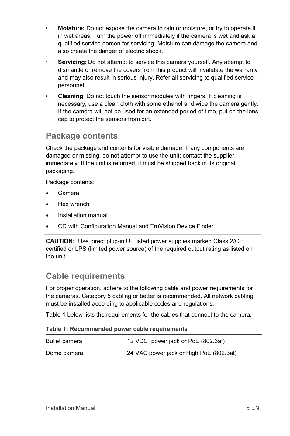 Package contents, Cable requirements | Interlogix TruVision IP Open Standards Outdoor Cameras Installation Manual User Manual | Page 5 / 20