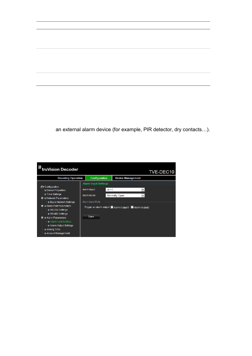 Alarm input settings | Interlogix TVE-DEC10 User Manual | Page 26 / 32