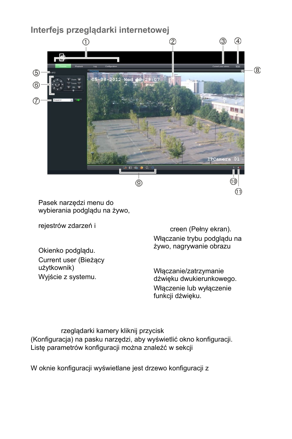 Konfigurowanie kamery przez internet, Interfejs przeglądarki internetowej | Interlogix UltraView IP PTZ 36X Camera Quick Start User Manual | Page 48 / 76