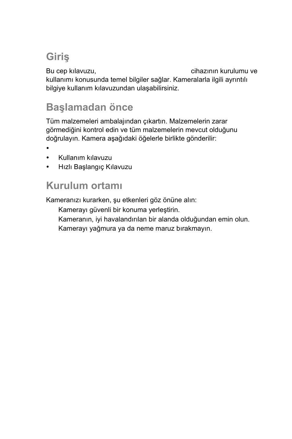 Giriş, Başlamadan önce, Kurulum ortamı | Tr giriş | Interlogix UltraView IP PTZ 36X Camera Quick Start User Manual | Page 67 / 76