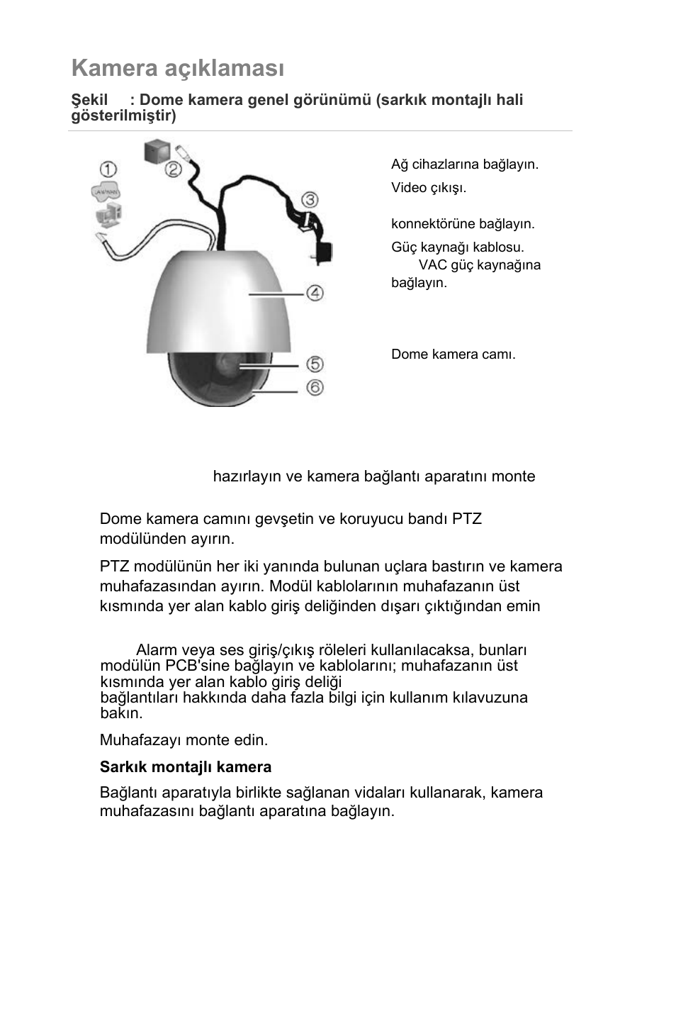 Kamera açıklaması, Kamera kurulumu | Interlogix UltraView IP PTZ 36X Camera Quick Start User Manual | Page 68 / 76