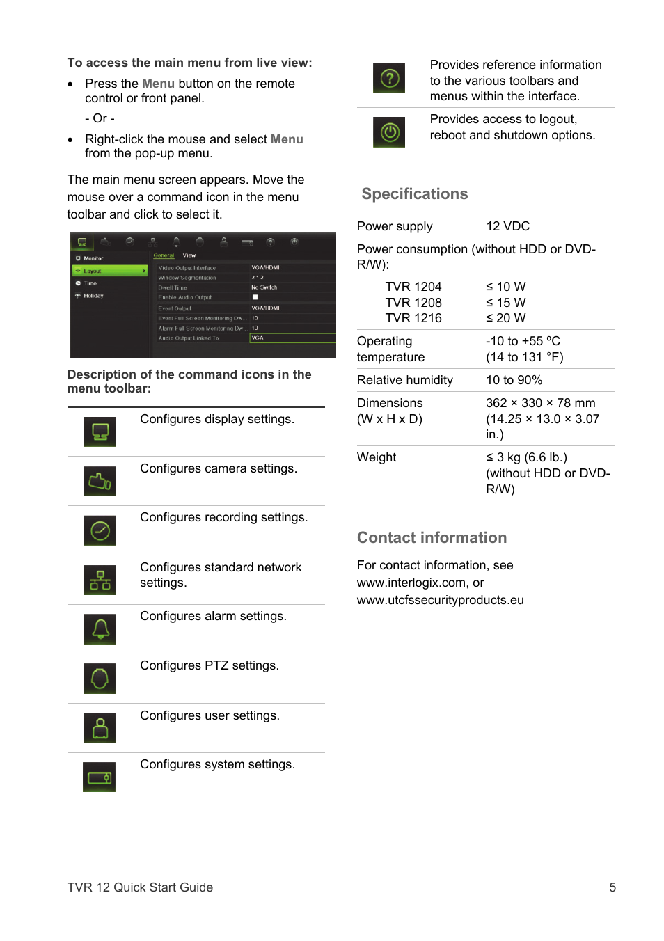 Specifications, Contact information | Interlogix TVR 12 Quick Start Guide User Manual | Page 5 / 8