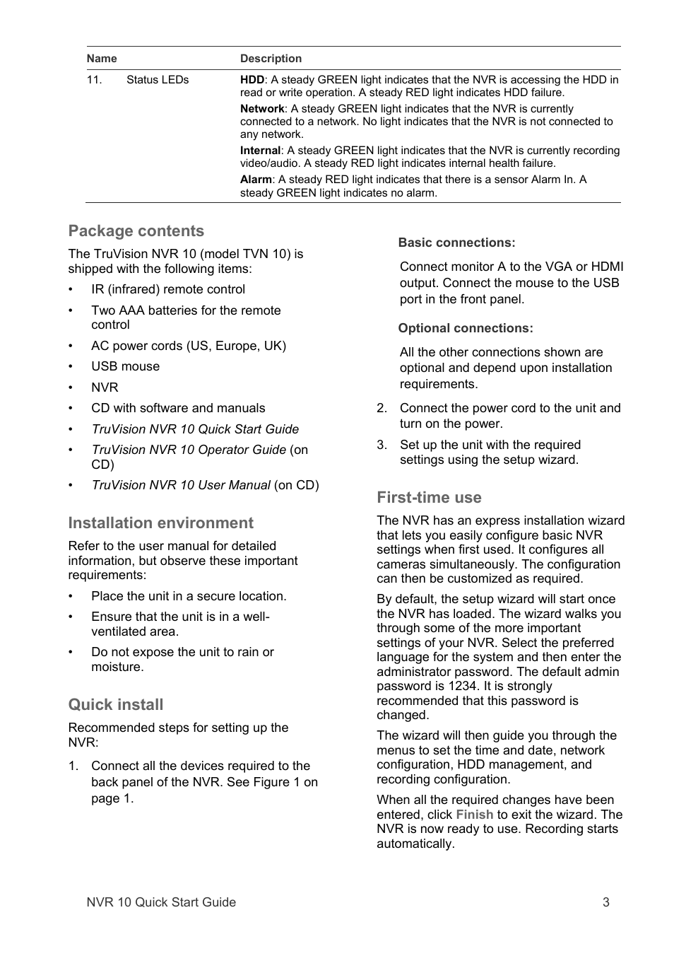 Package contents, Installation environment, Quick install | First-time use | Interlogix TruVision NVR 10 Quick Start User Manual | Page 5 / 8