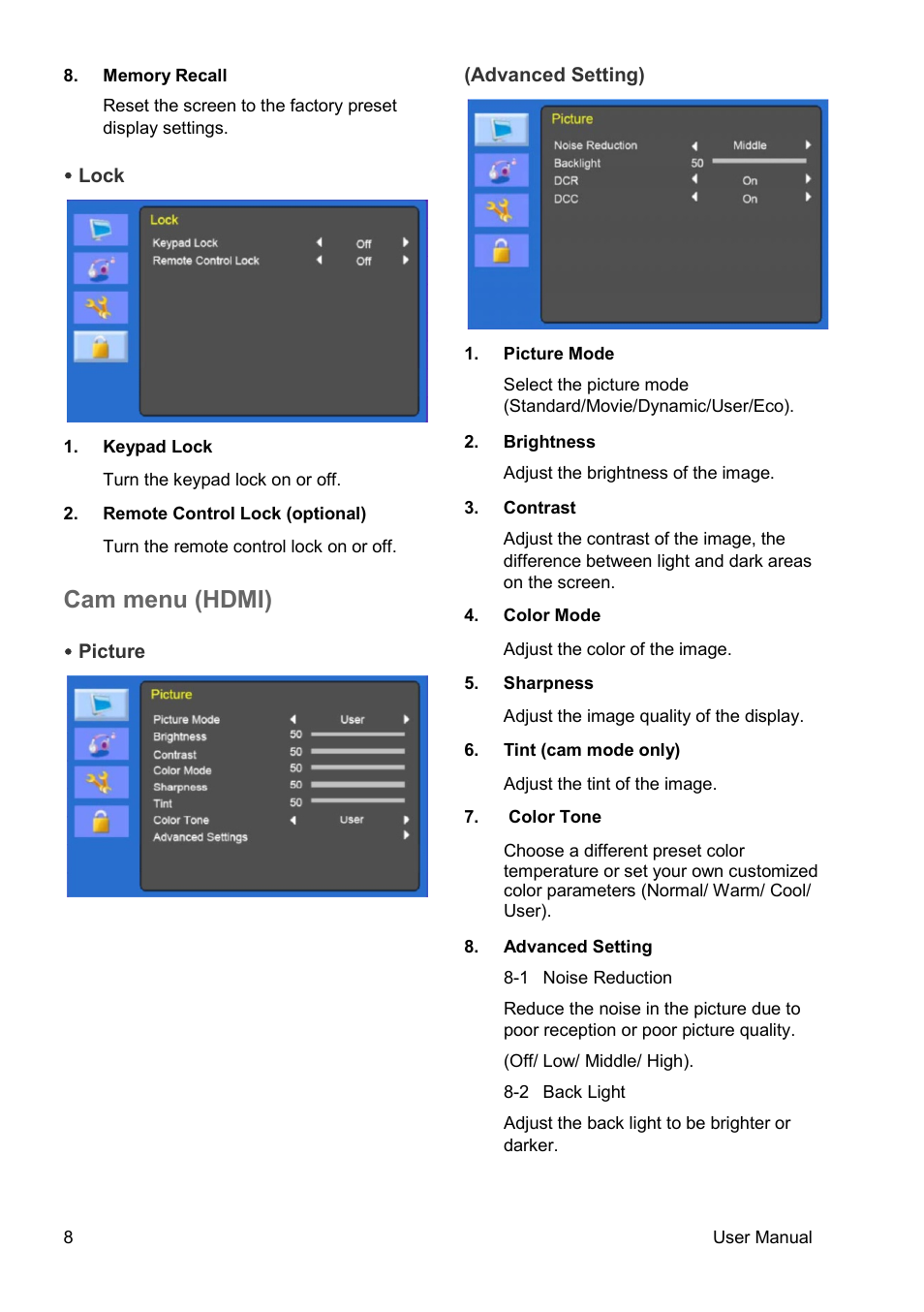 Cam menu (hdmi) | Interlogix TVM-2150 User Manual | Page 10 / 20