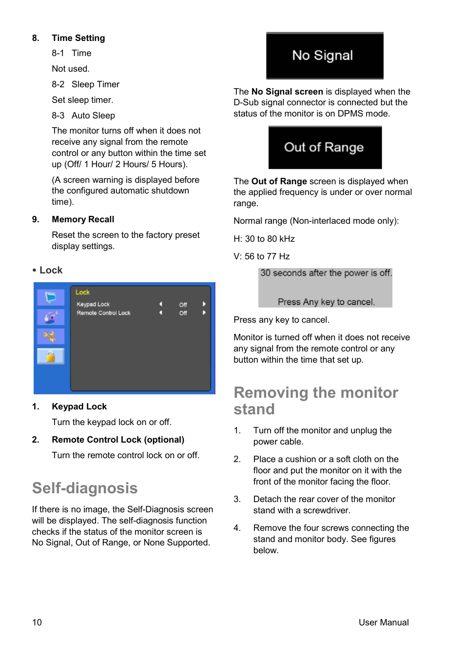Self-diagnosis, Removing the monitor stand | Interlogix TVM-2150 User Manual | Page 12 / 20