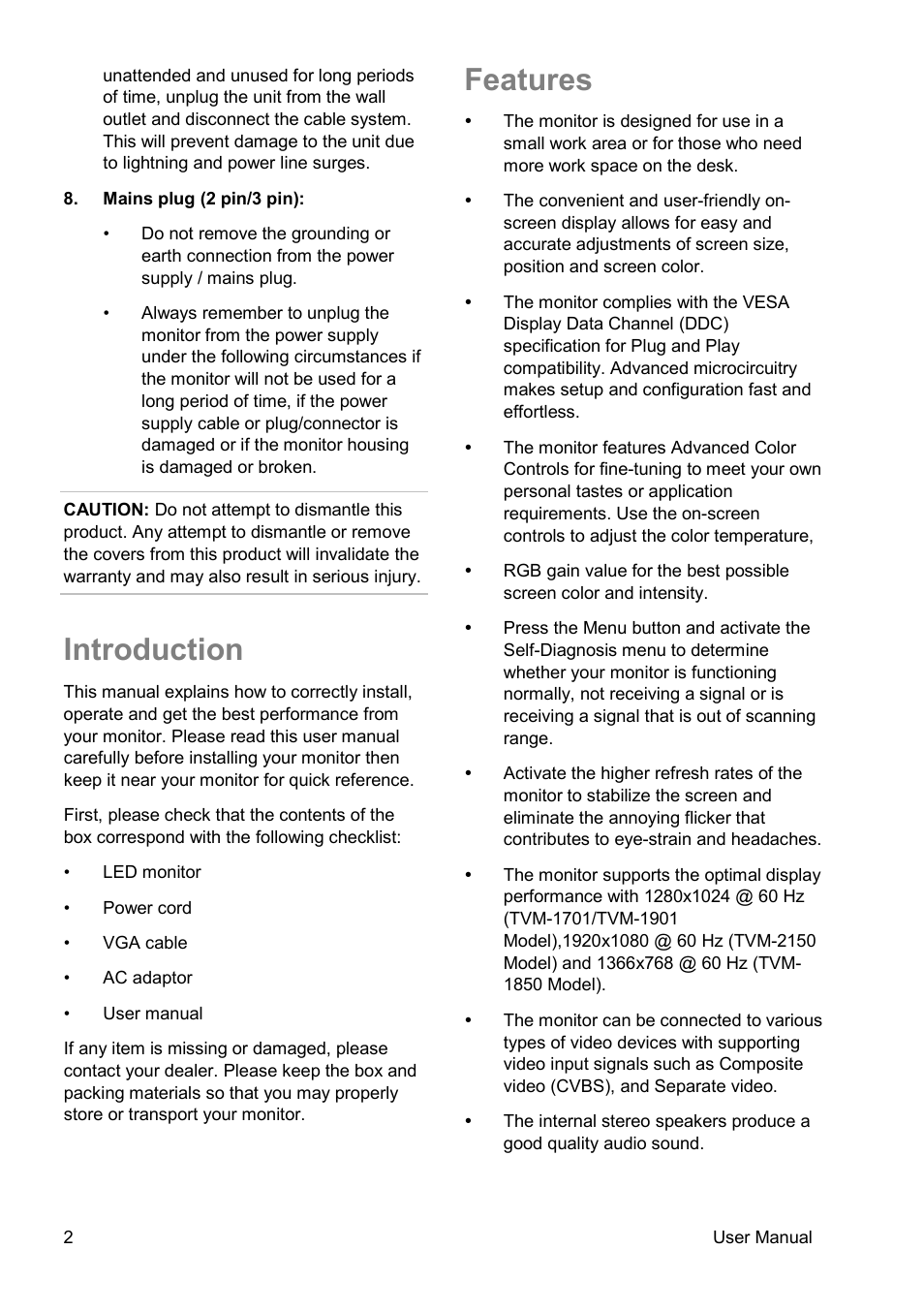 Introduction, Features | Interlogix TVM-2150 User Manual | Page 4 / 20