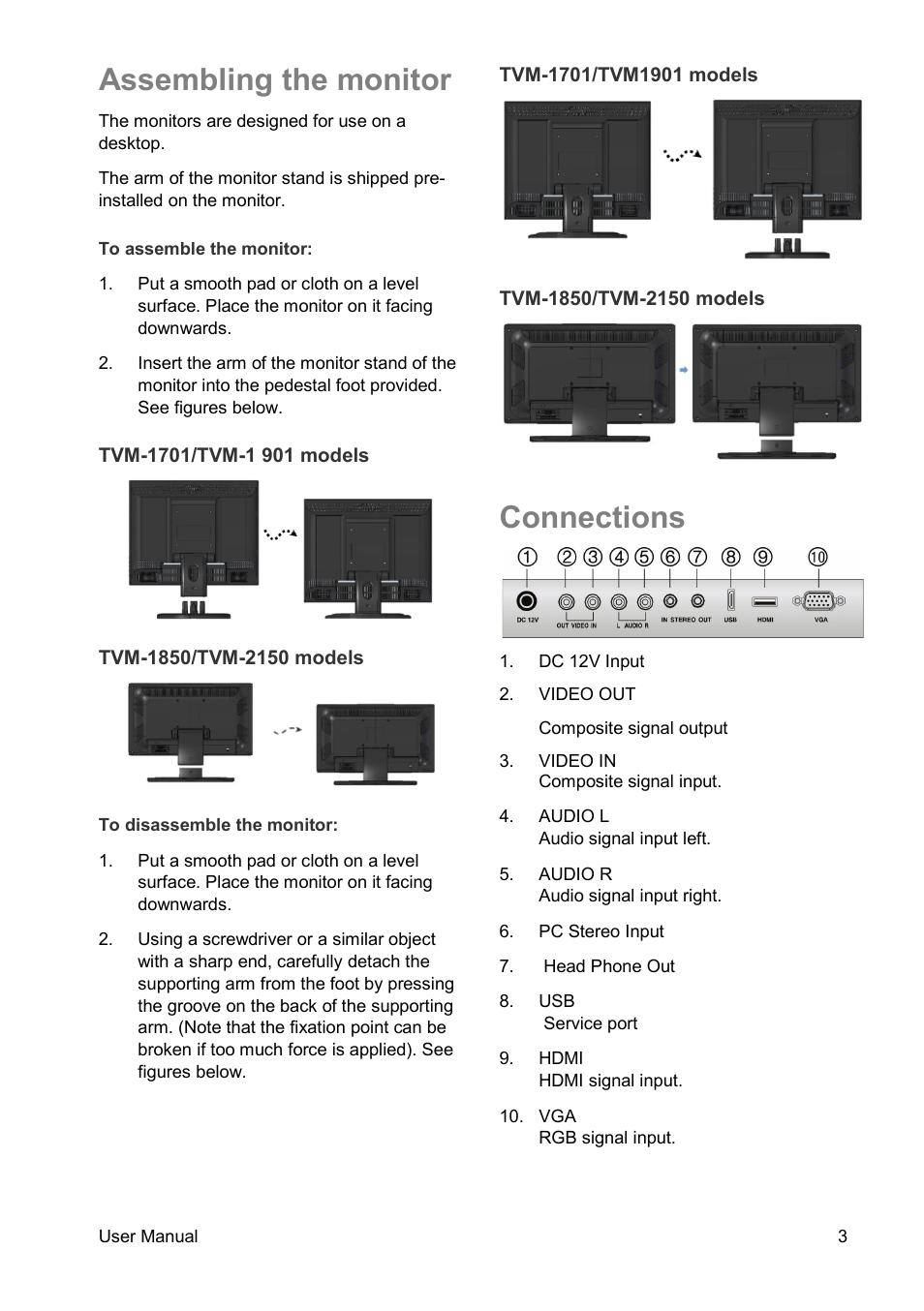 Assembling the monitor, Connections | Interlogix TVM-2150 User Manual | Page 5 / 20