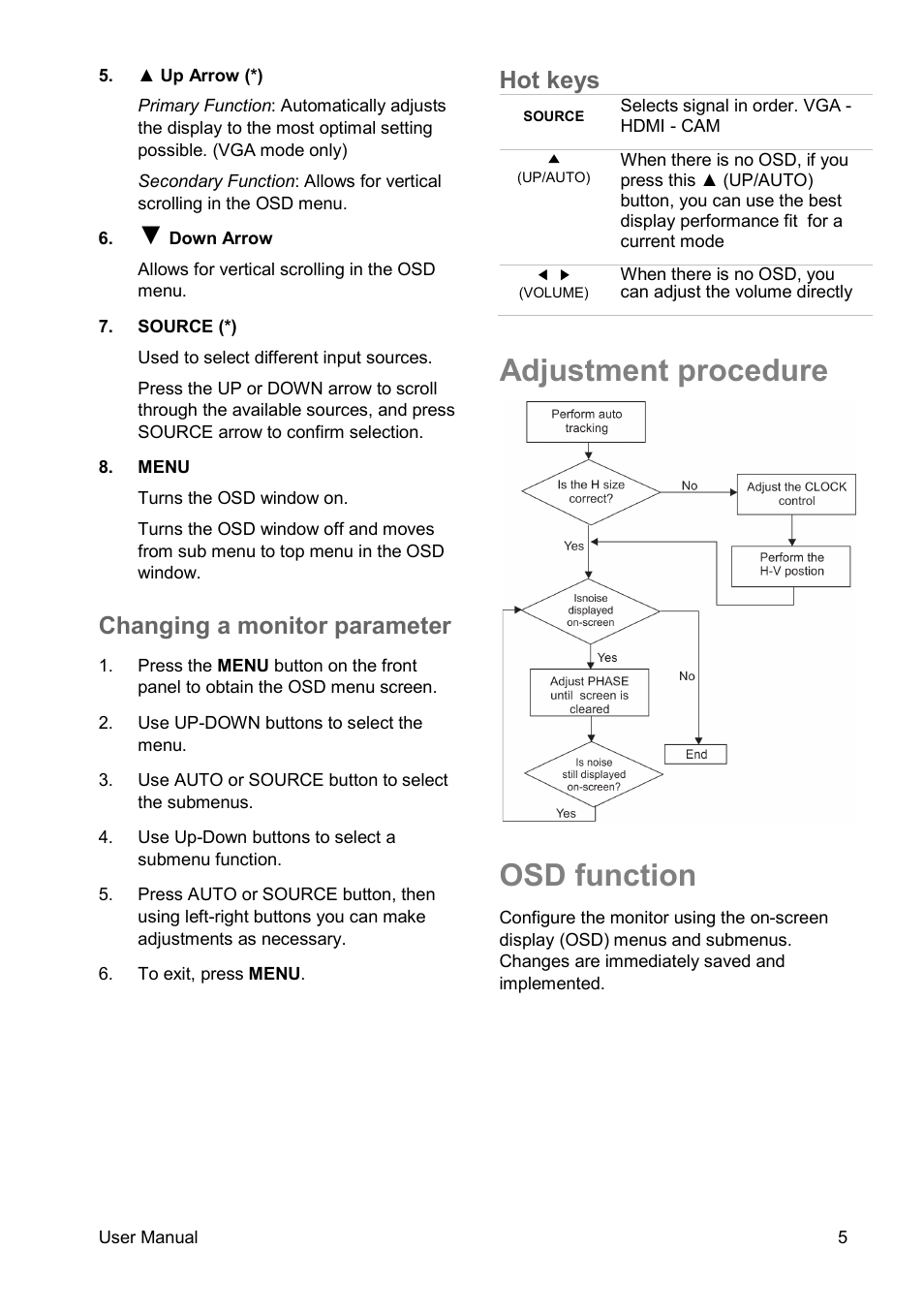 Changing a monitor parameter, Hot keys, Adjustment procedure | Osd function | Interlogix TVM-2150 User Manual | Page 7 / 20