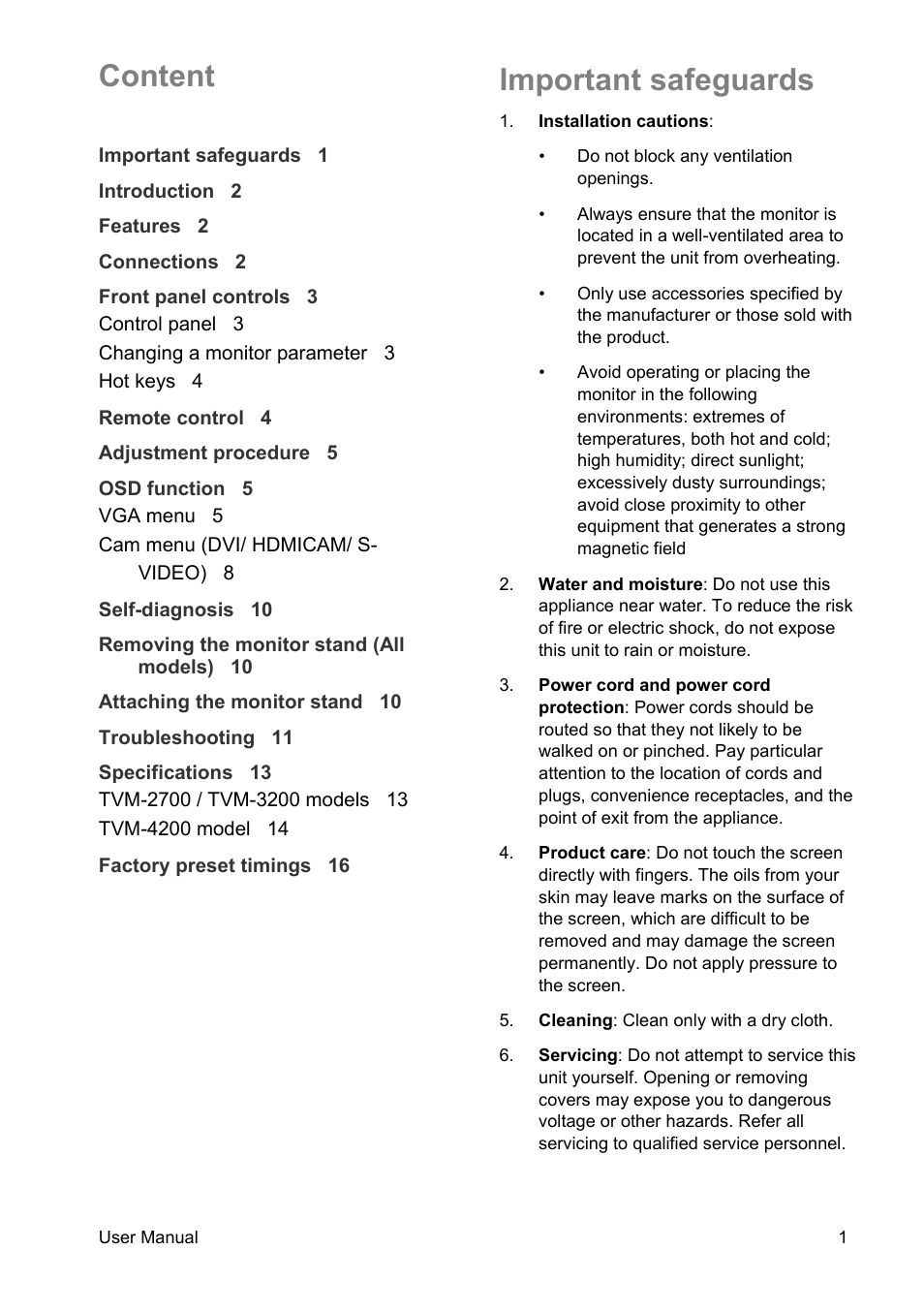 Important safeguards, Content | Interlogix TVM-4200 User Manual | Page 3 / 20