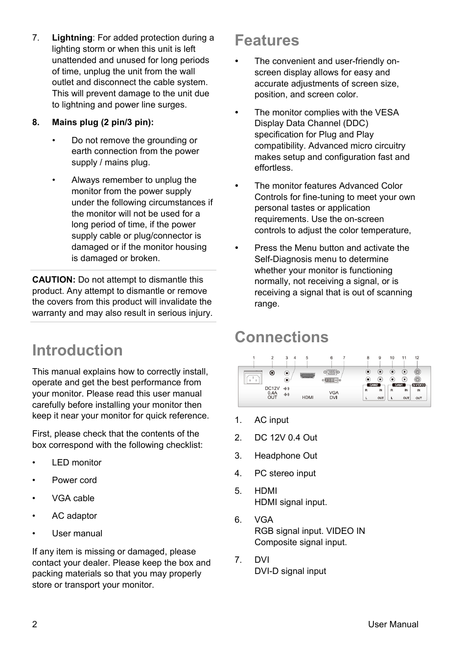 Introduction, Features, Connections | Interlogix TVM-4200 User Manual | Page 4 / 20