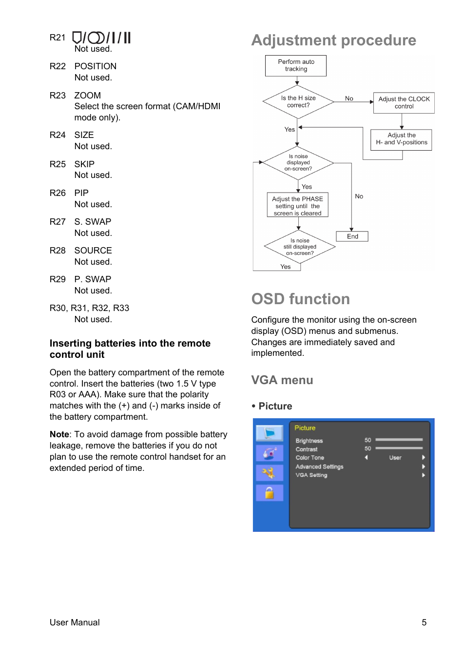 Adjustment procedure, Osd function, Vga menu | Interlogix TVM-4200 User Manual | Page 7 / 20