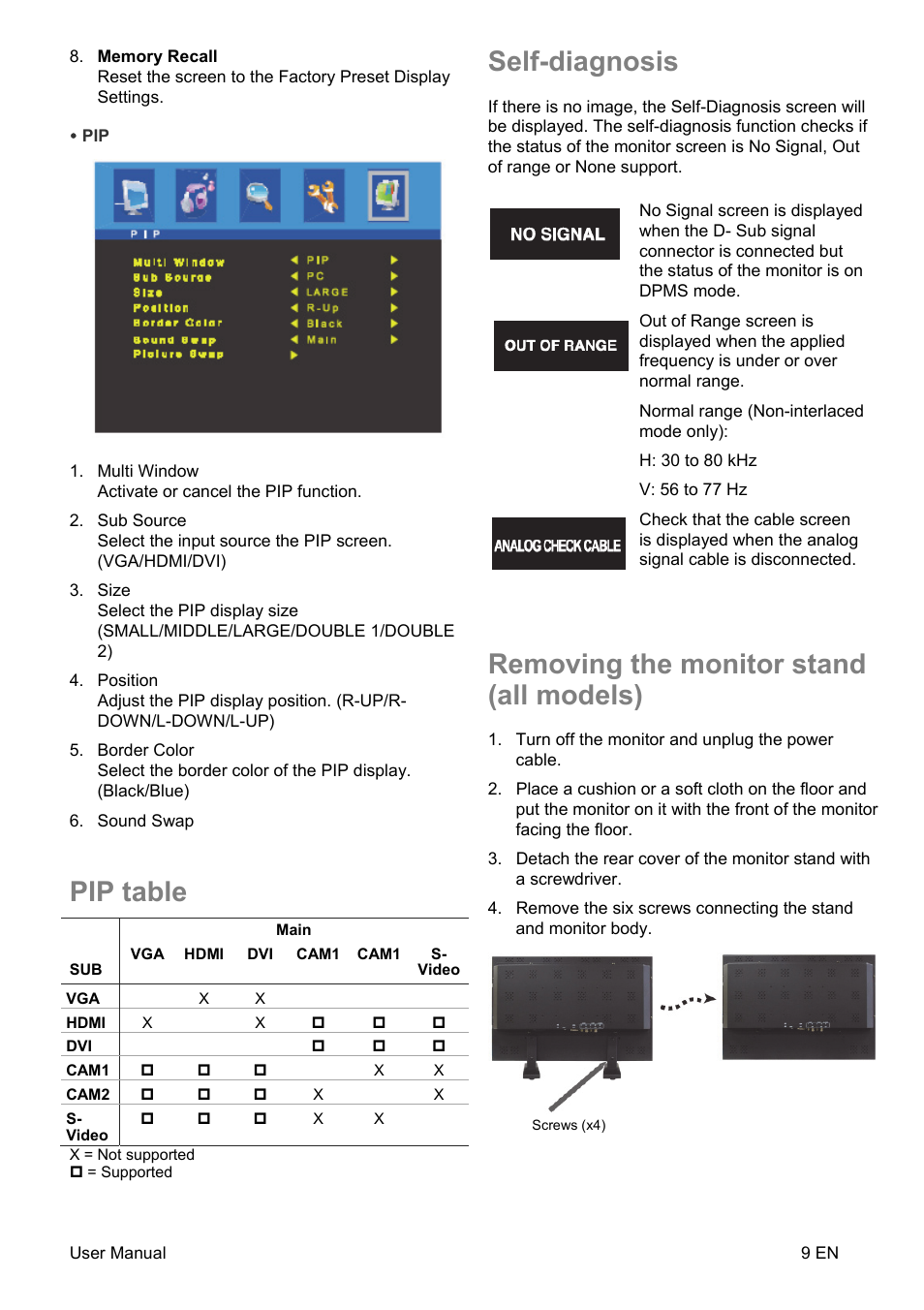 Pip table, Self-diagnosis, Removing the monitor stand (all models) | Interlogix UVM-4200 User Manual | Page 11 / 20