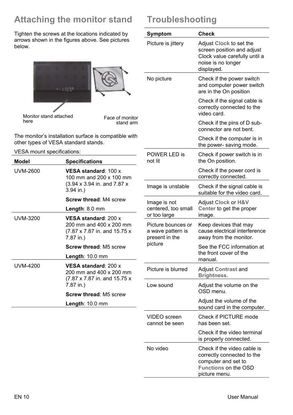 Attaching the monitor stand, Troubleshooting | Interlogix UVM-4200 User Manual | Page 12 / 20