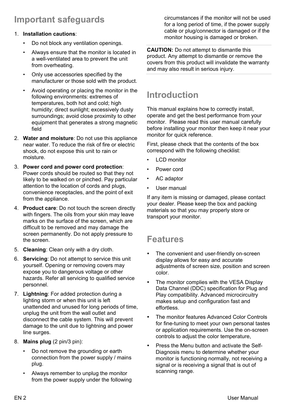 Important safeguards, Introduction, Features | Interlogix UVM-4200 User Manual | Page 4 / 20