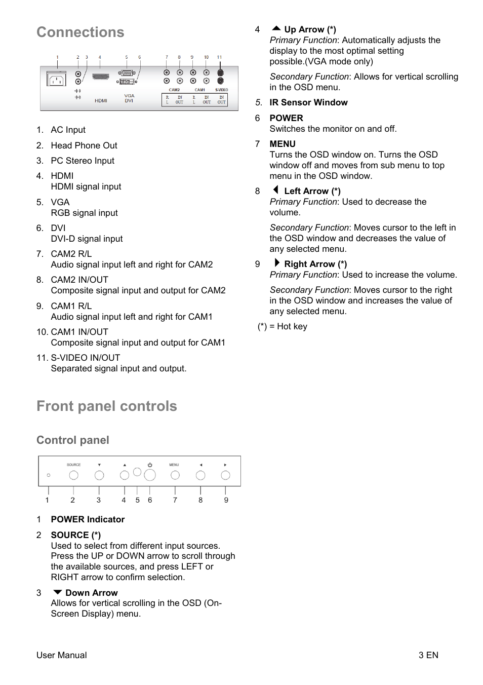 Connections, Front panel controls, Control panel | Interlogix UVM-4200 User Manual | Page 5 / 20