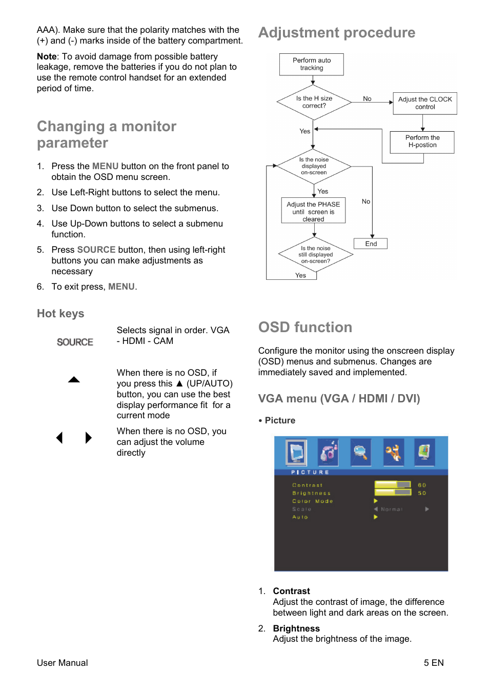 Changing a monitor parameter, Adjustment procedure, Osd function | Interlogix UVM-4200 User Manual | Page 7 / 20