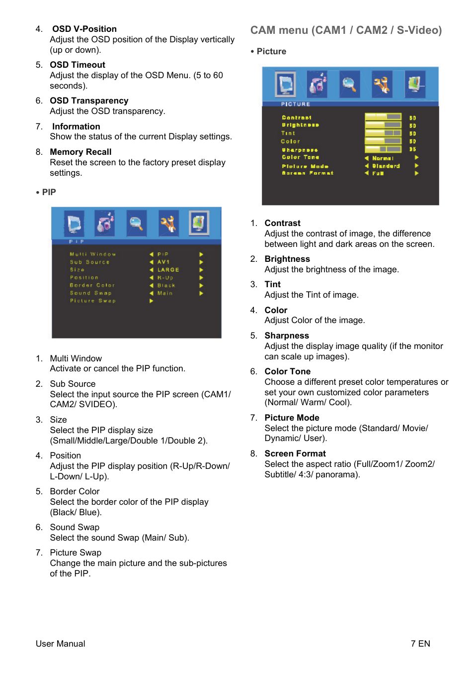 Cam menu (cam1 / cam2 / s-video) | Interlogix UVM-4200 User Manual | Page 9 / 20