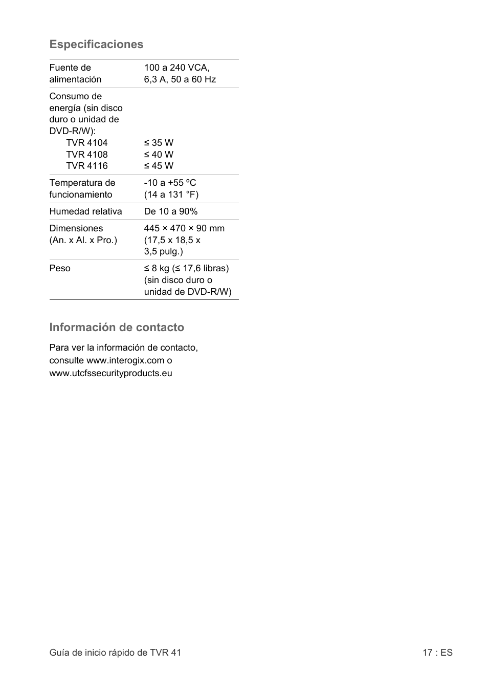 Especificaciones, Información de contacto | Interlogix DVR 41 Quick Start User Manual | Page 19 / 68