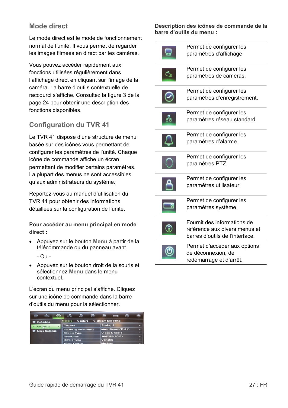 Mode direct, Configuration du tvr 41 | Interlogix DVR 41 Quick Start User Manual | Page 29 / 68