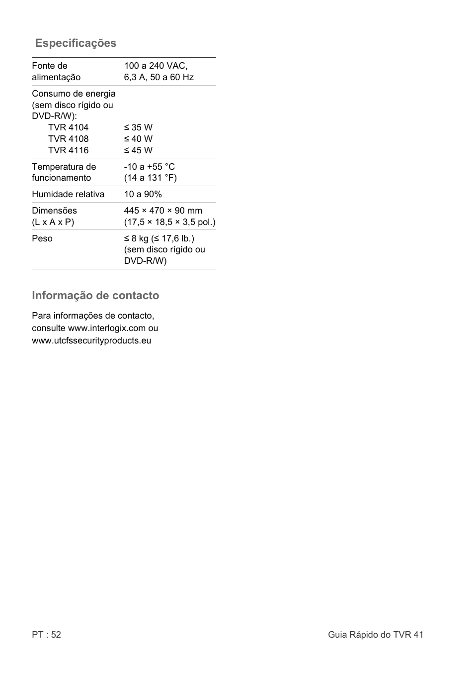 Especificações, Informação de contacto | Interlogix DVR 41 Quick Start User Manual | Page 54 / 68