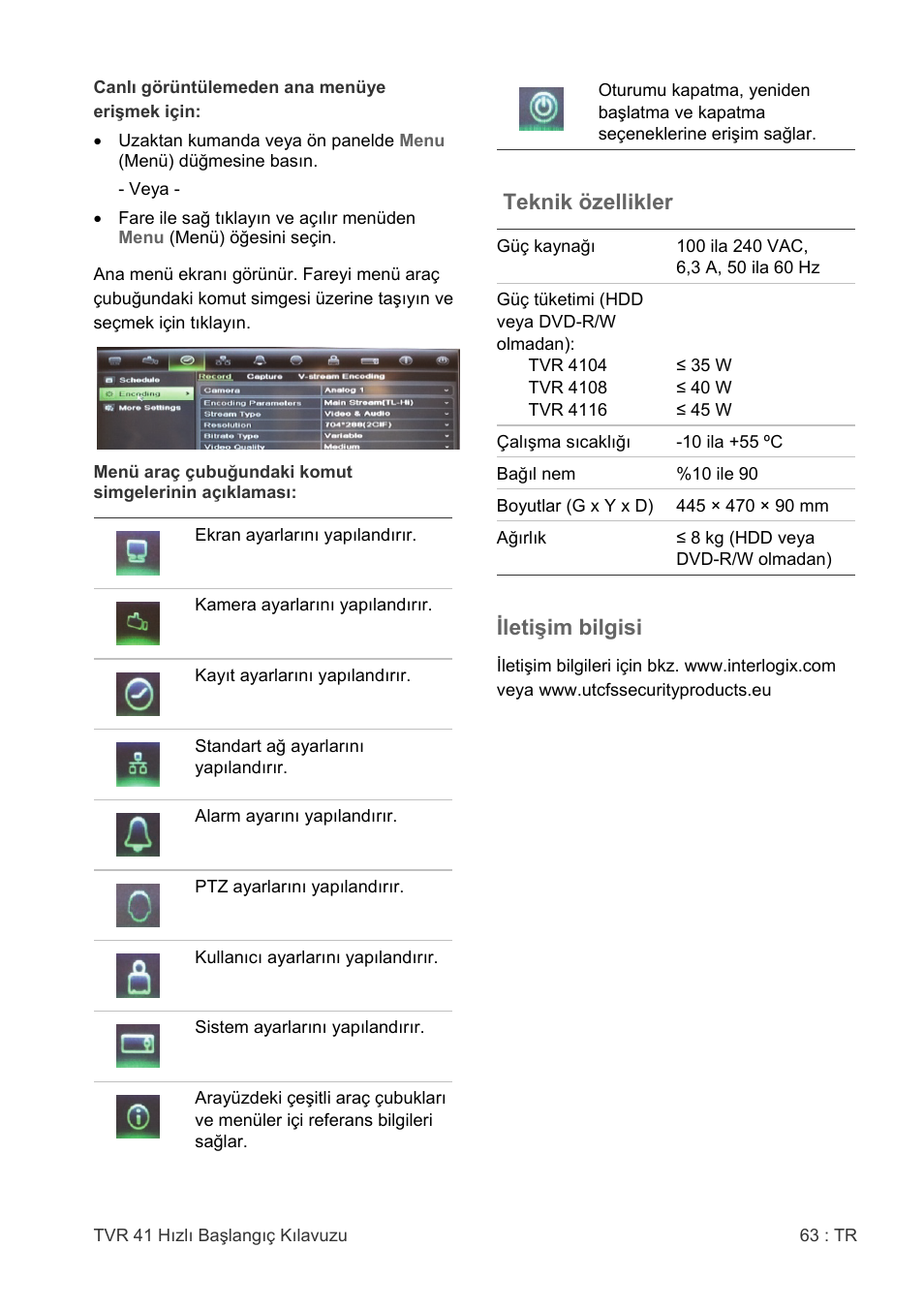 Teknik özellikler, Iletişim bilgisi | Interlogix DVR 41 Quick Start User Manual | Page 65 / 68