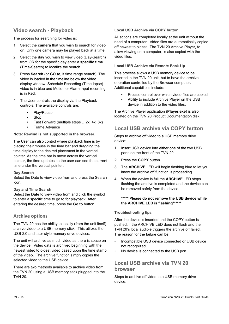 Video search - playback, Archive options, Local usb archive via copy button | Local usb archive via tvn 20 browser | Interlogix NVR 20 Quick Start User Manual | Page 12 / 84