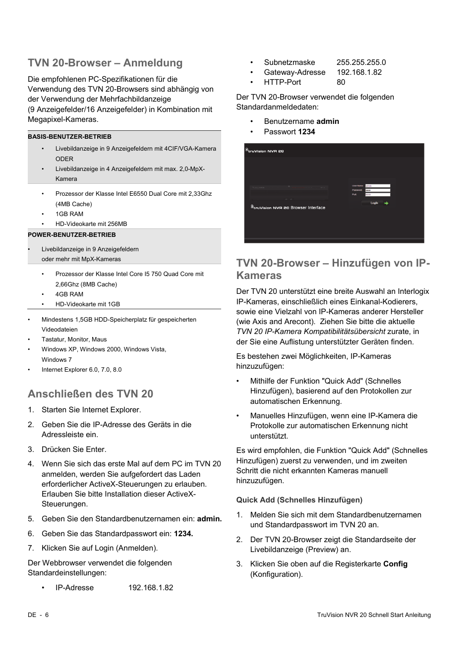Tvn 20-browser – anmeldung, Anschließen des tvn 20, Tvn 20-browser – hinzufügen von ip- kameras | Interlogix NVR 20 Quick Start User Manual | Page 20 / 84