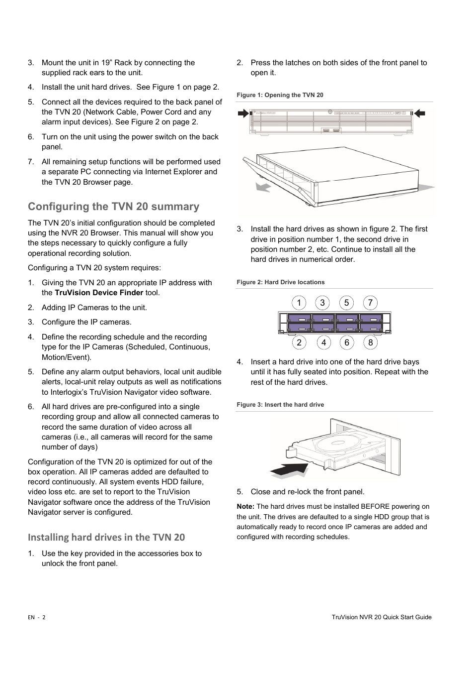 Configuring the tvn 20 summary, Installing hard drives in the tvn 20 | Interlogix NVR 20 Quick Start User Manual | Page 4 / 84