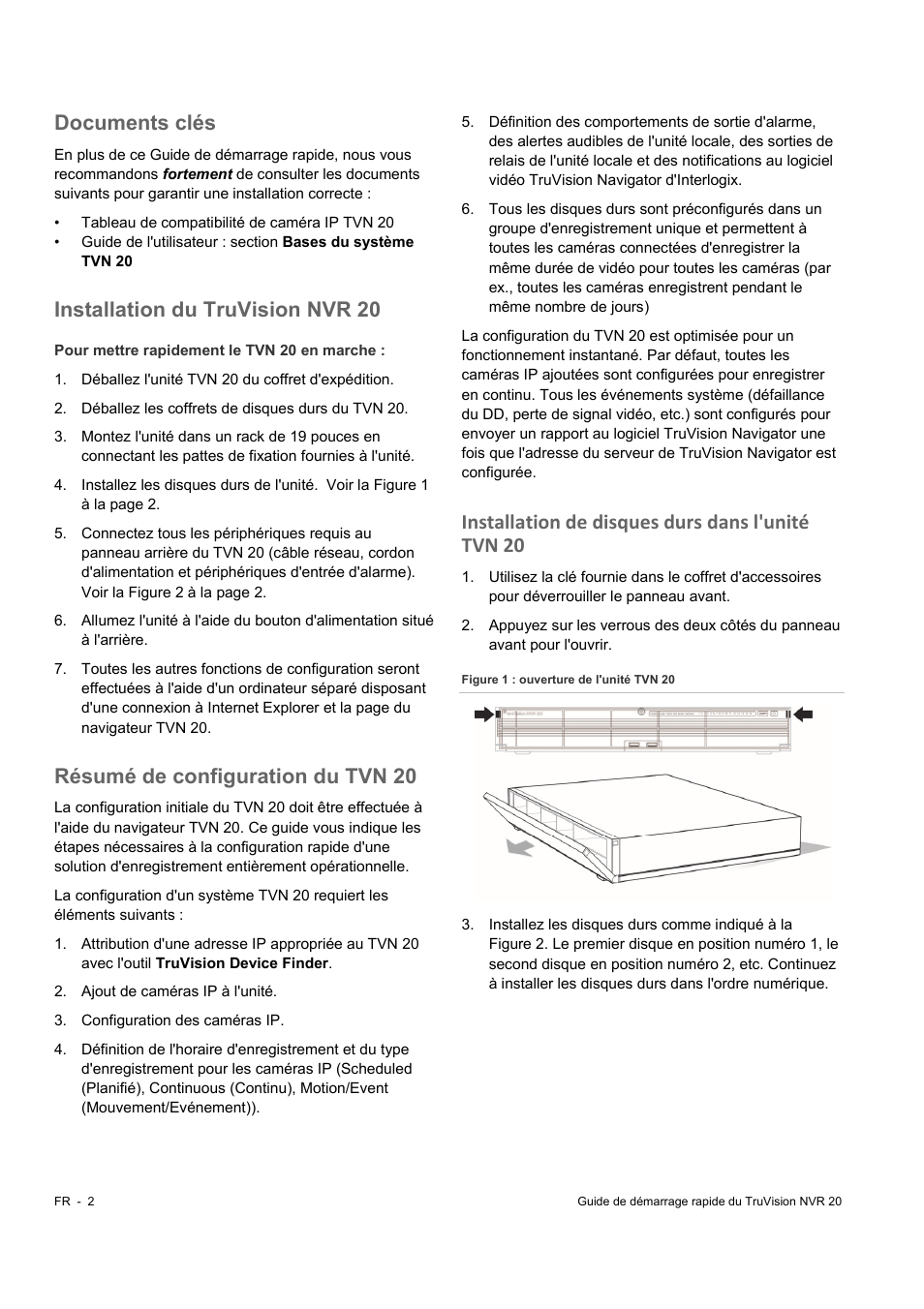 Documents clés, Installation du truvision nvr 20, Résumé de configuration du tvn 20 | Installation de disques durs dans l'unité tvn 20 | Interlogix NVR 20 Quick Start User Manual | Page 44 / 84