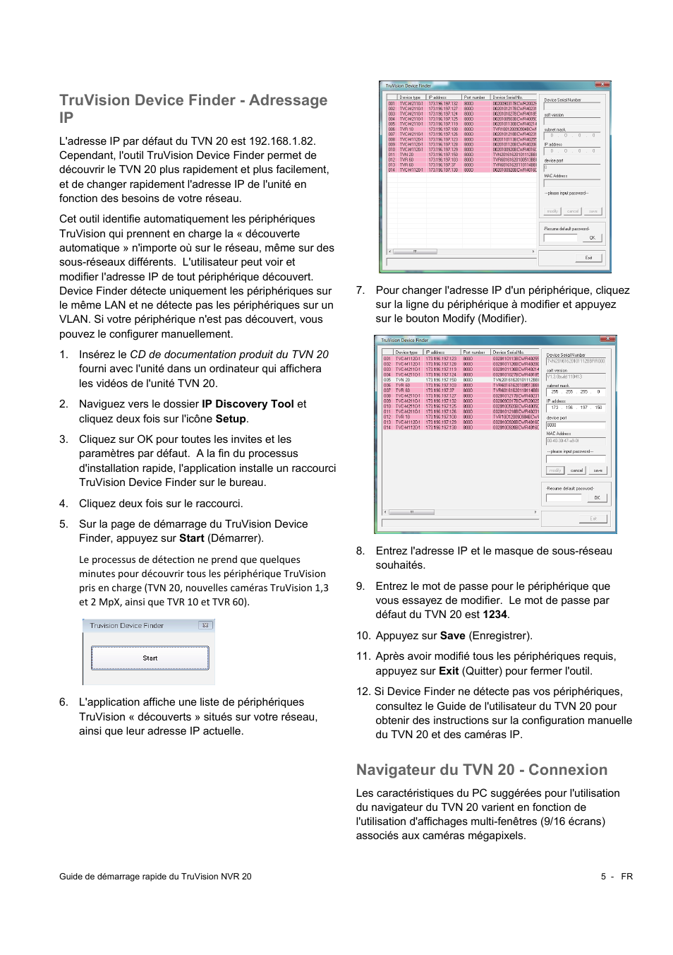 Truvision device finder - adressage ip, Navigateur du tvn 20 - connexion | Interlogix NVR 20 Quick Start User Manual | Page 47 / 84