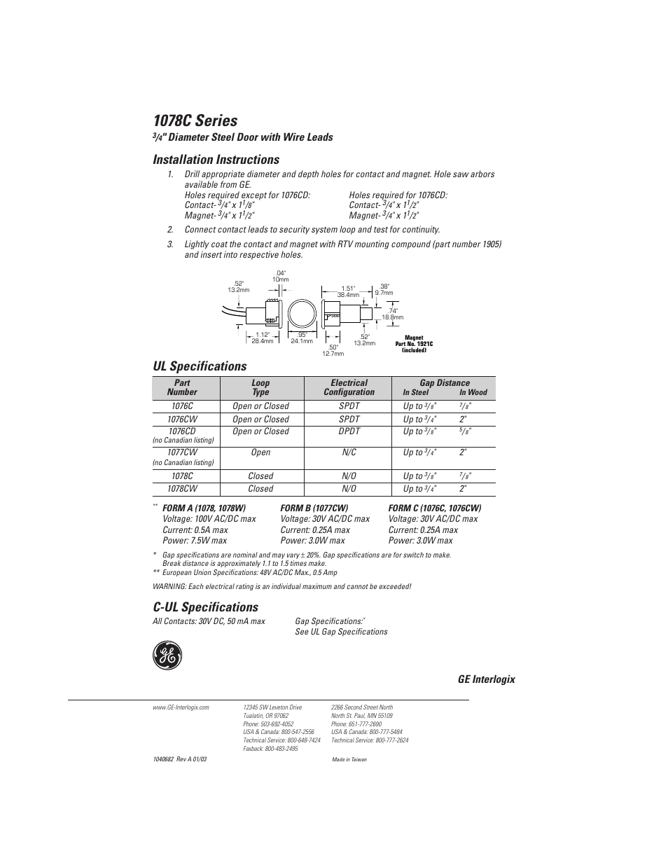 1078c series, Installation instructions, Ul specifications | C-ul specifications, Diameter steel door with wire leads, Ge interlogix | Interlogix 1078C Series User Manual | Page 2 / 2