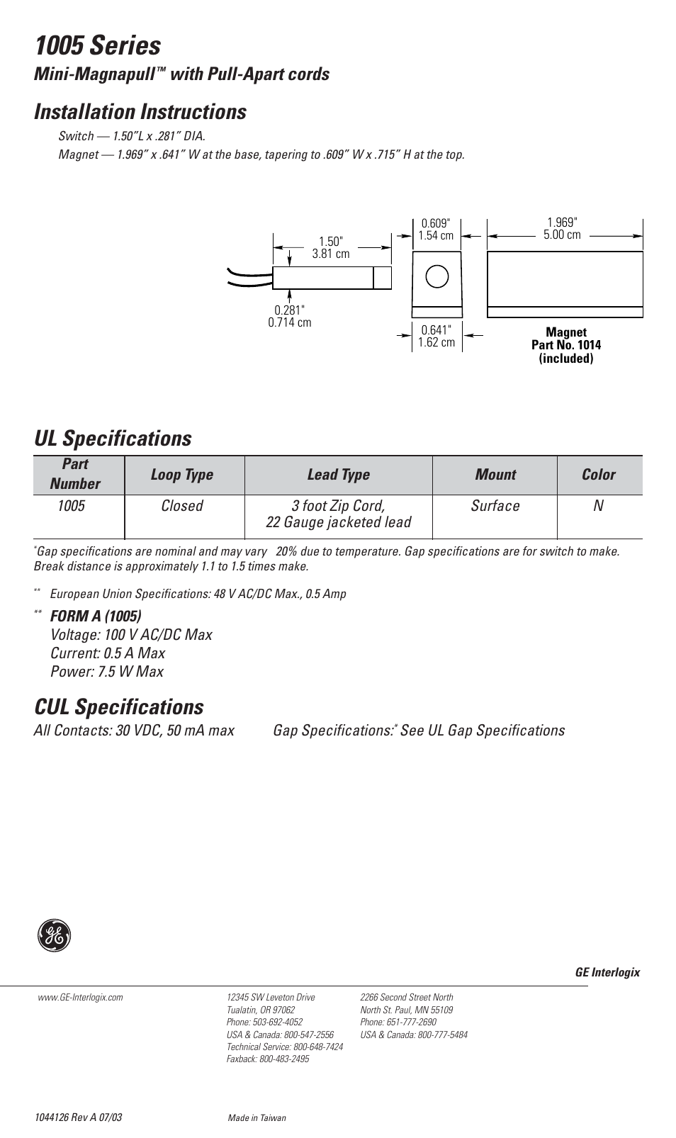 1005 series, Installation instructions, Ul specifications | Cul specifications, Mini-magnapull, With pull-apart cords | Interlogix 1005 Series User Manual | Page 2 / 2