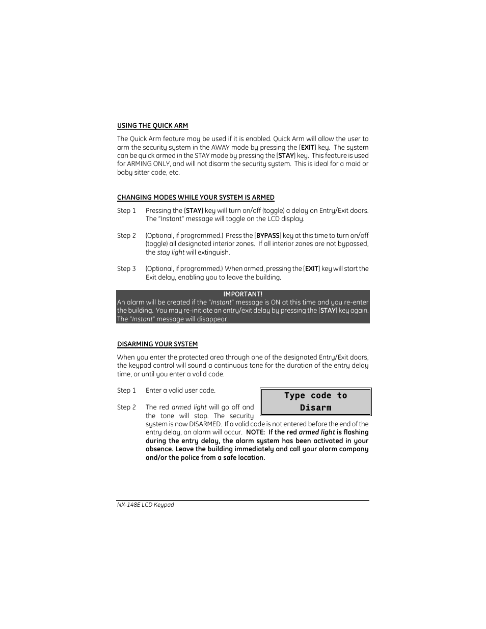 Type code to disarm | Interlogix NX-148E User Manual | Page 9 / 30