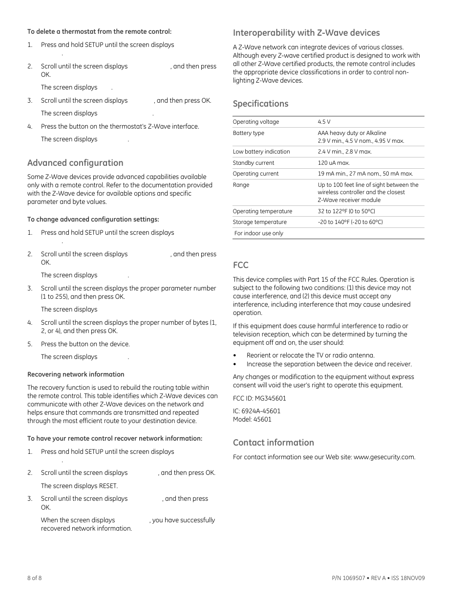Advanced configuration, Recovering network information, Interoperability with z-wave devices | Specifications, Contact information | Interlogix IS-ZW-RC-1 User Manual | Page 8 / 8