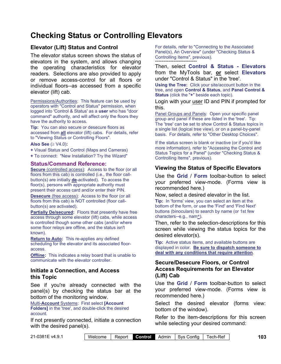 Checking status or controlling elevators | Interlogix VEREX Director User Manual | Page 111 / 383