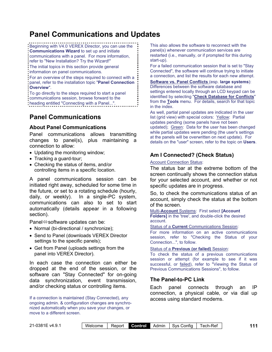 Panel communications and updates, Panel communications | Interlogix VEREX Director User Manual | Page 119 / 383