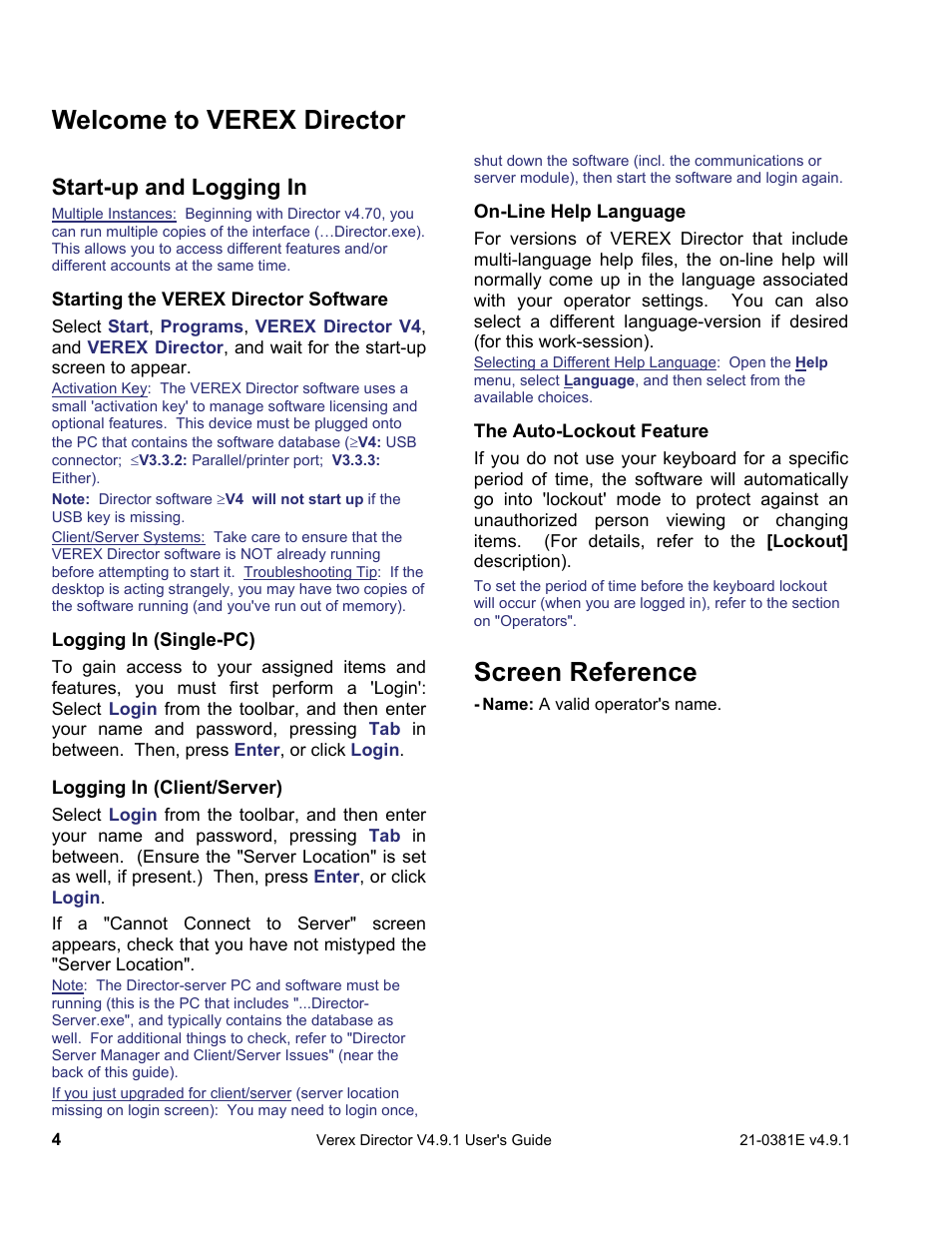 Screen reference, Welcome to verex director, Start-up and logging in | Interlogix VEREX Director User Manual | Page 12 / 383
