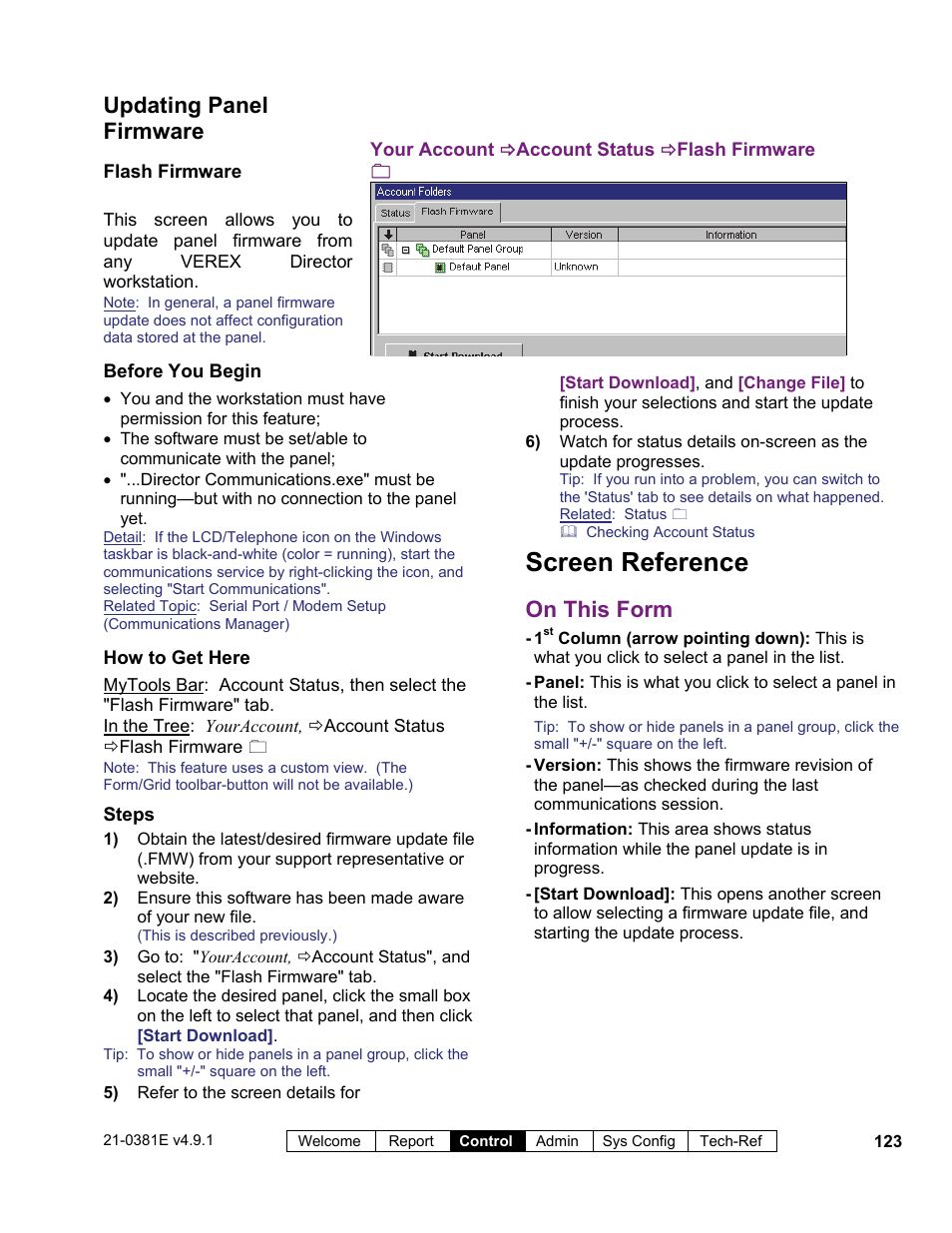 Screen reference, Updating panel firmware, On this form | Interlogix VEREX Director User Manual | Page 131 / 383