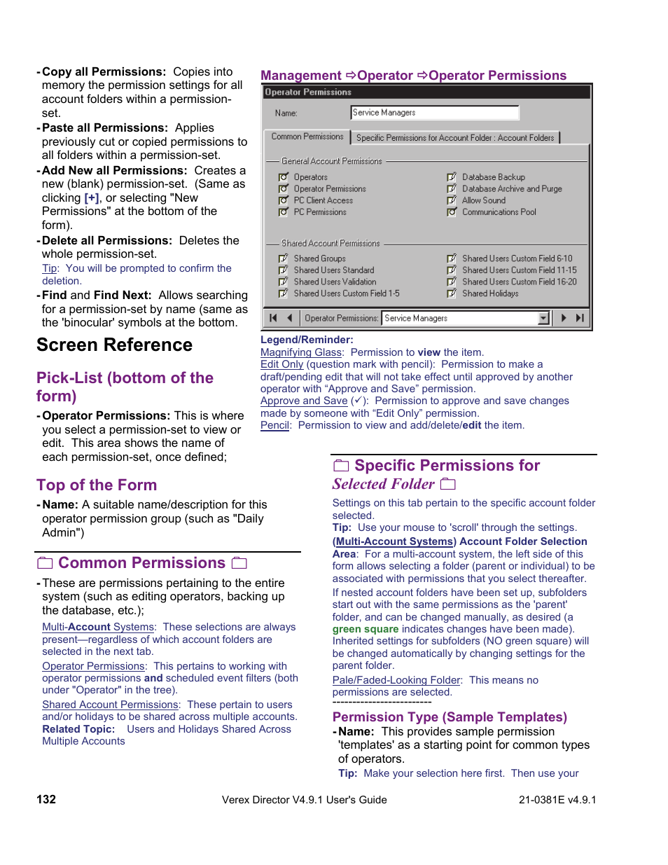 Screen reference, Pick-list (bottom of the form), Top of the form | Common permissions, Specific permissions for selected folder | Interlogix VEREX Director User Manual | Page 140 / 383